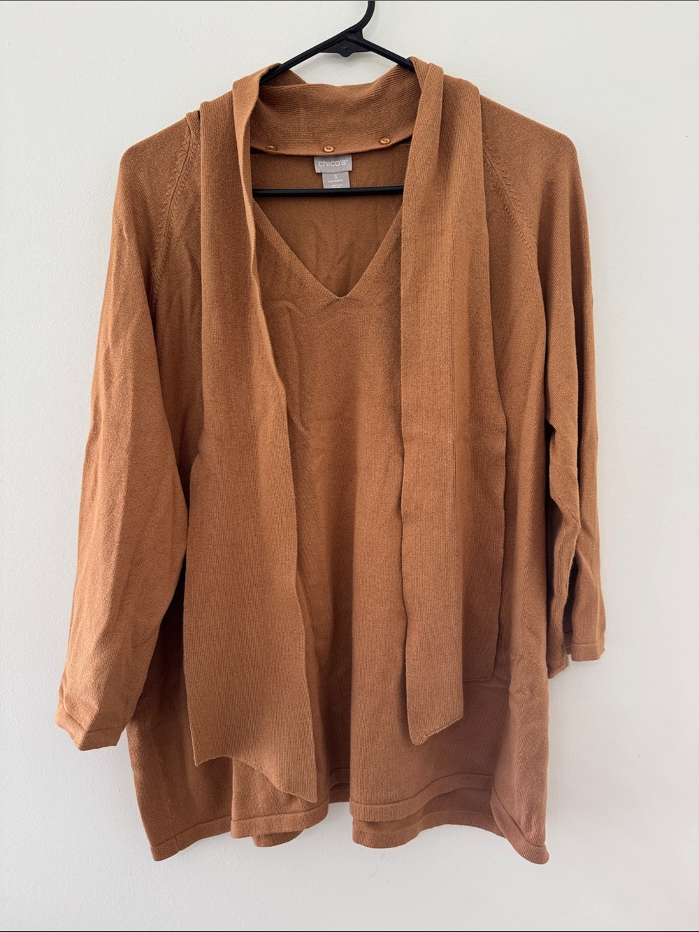 Chico's V-Neck Tie-Front Sweater in Warm Carmel